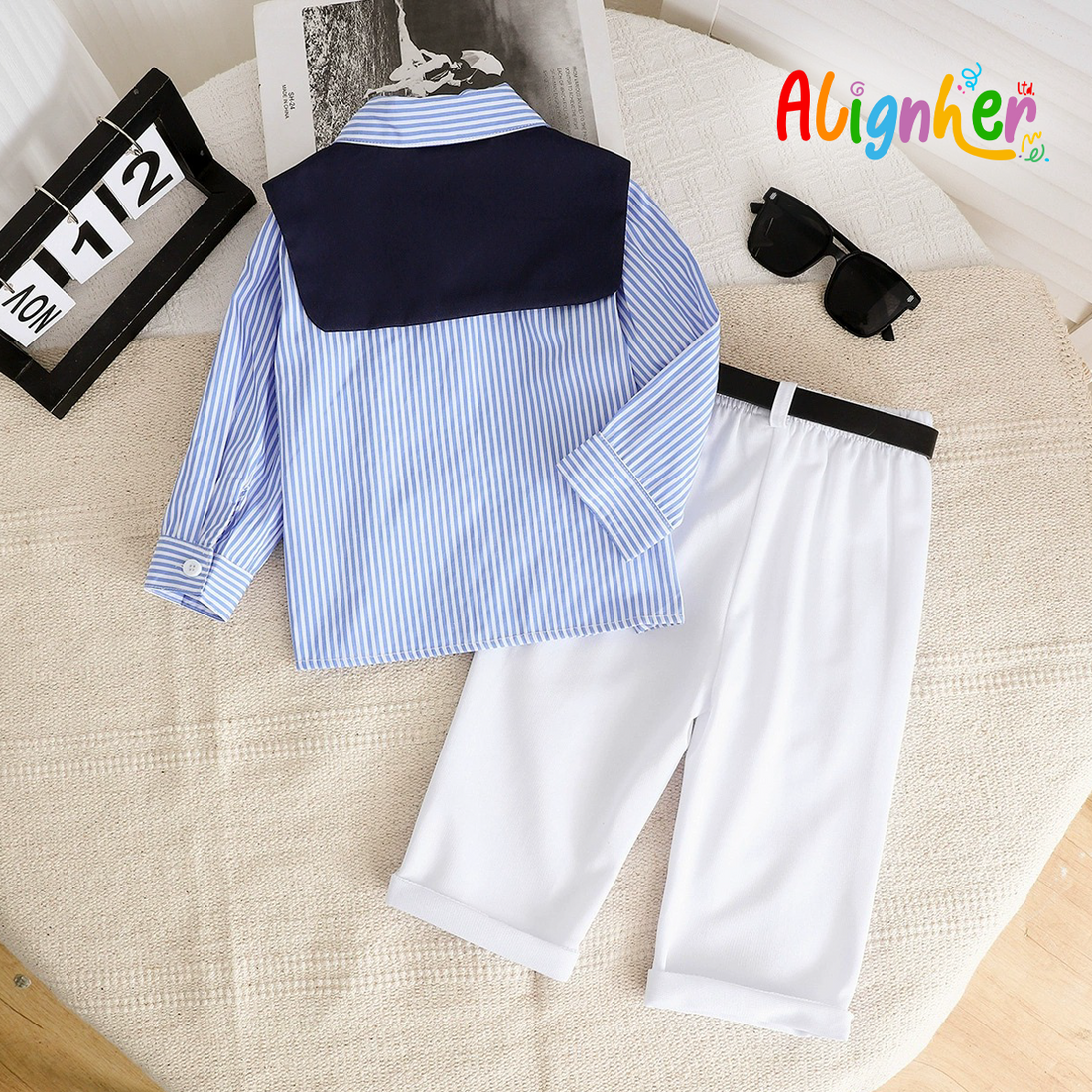 Baby Boy and Girl Striped Dress Shirt with Tie – Formal Outfit 9-12 Months