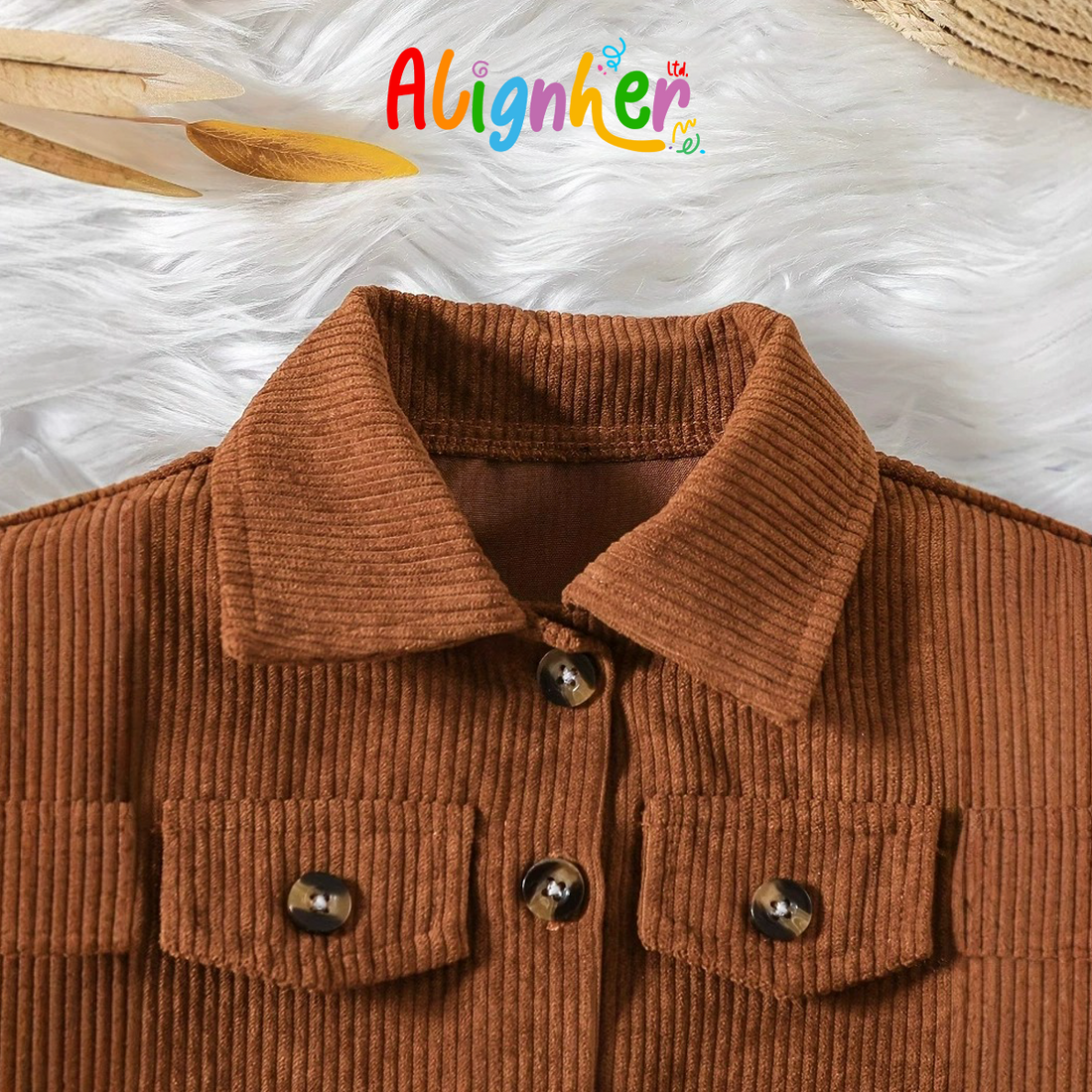 Brown Corduroy Button-Up Shirt Jacket for Girls – Long Sleeve with Front Pockets