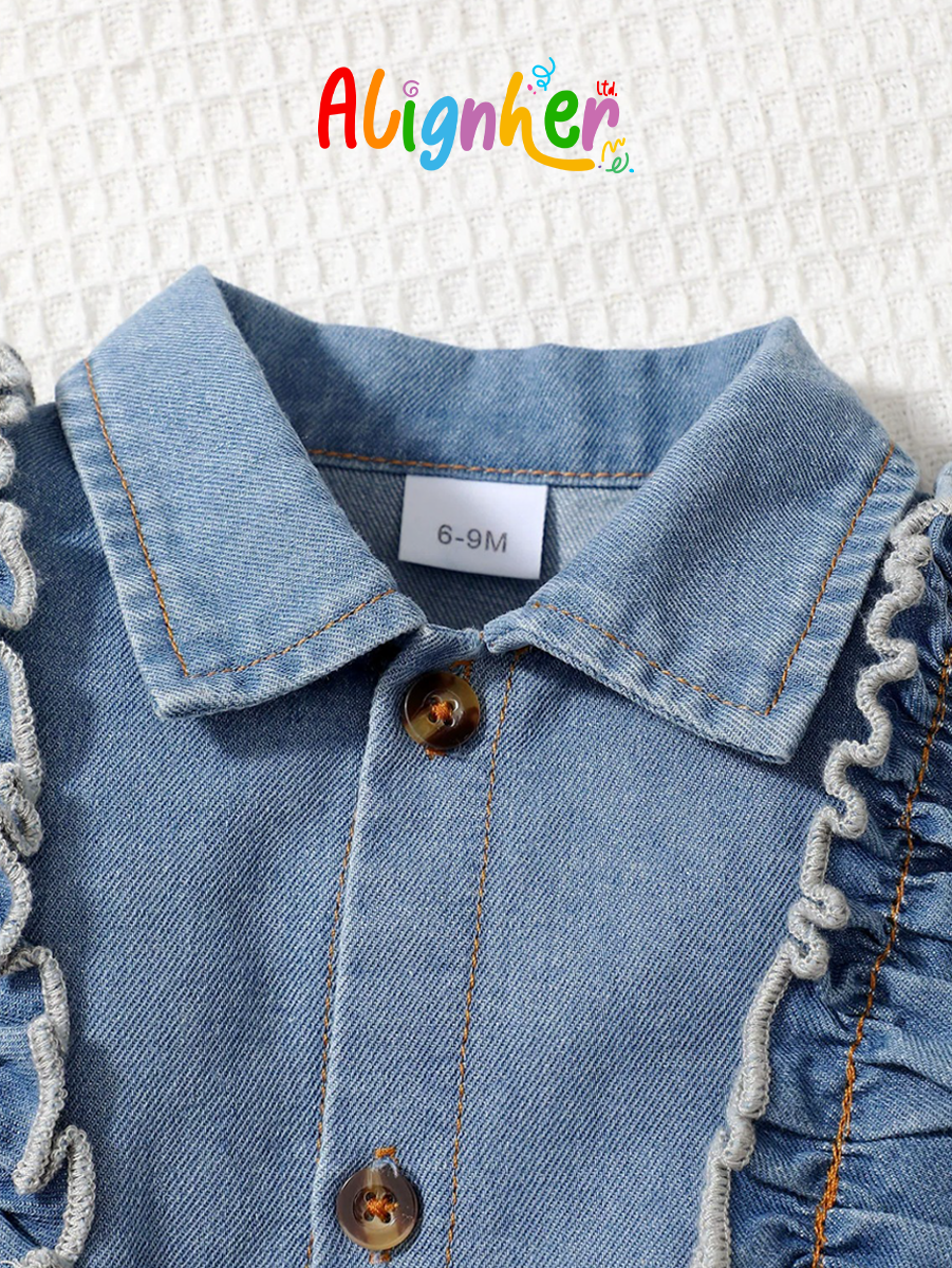 Girls Denim Dress with Bow Belt and Ruffle Detail – Casual Button Down Jean Dress