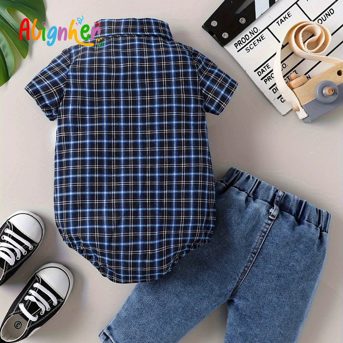 Baby Boy Plaid Shirt and Jeans Set – Short Sleeve Bodysuit with Denim Pants