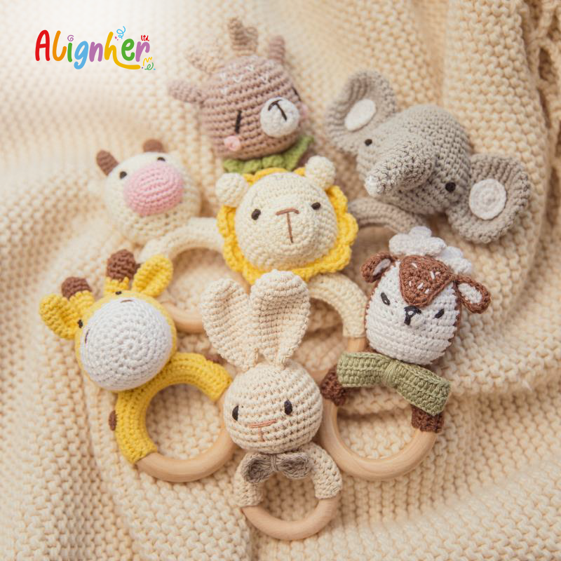 Handmade Crochet Baby Rattle with Wooden Ring | Soft Teething Toy for Newborns &  Infants