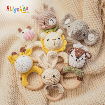 Pack of Two Handmade Crochet Baby Rattle with Wooden Ring | Soft Teething Toy for Newborns &  Infants