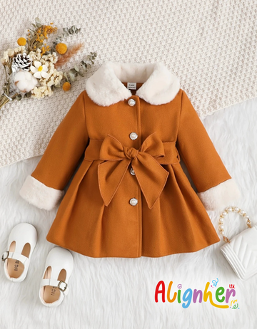 Baby Girl Winter Coat with Faux Fur Collar and Bow Belt – Warm Long Sleeve Jacket