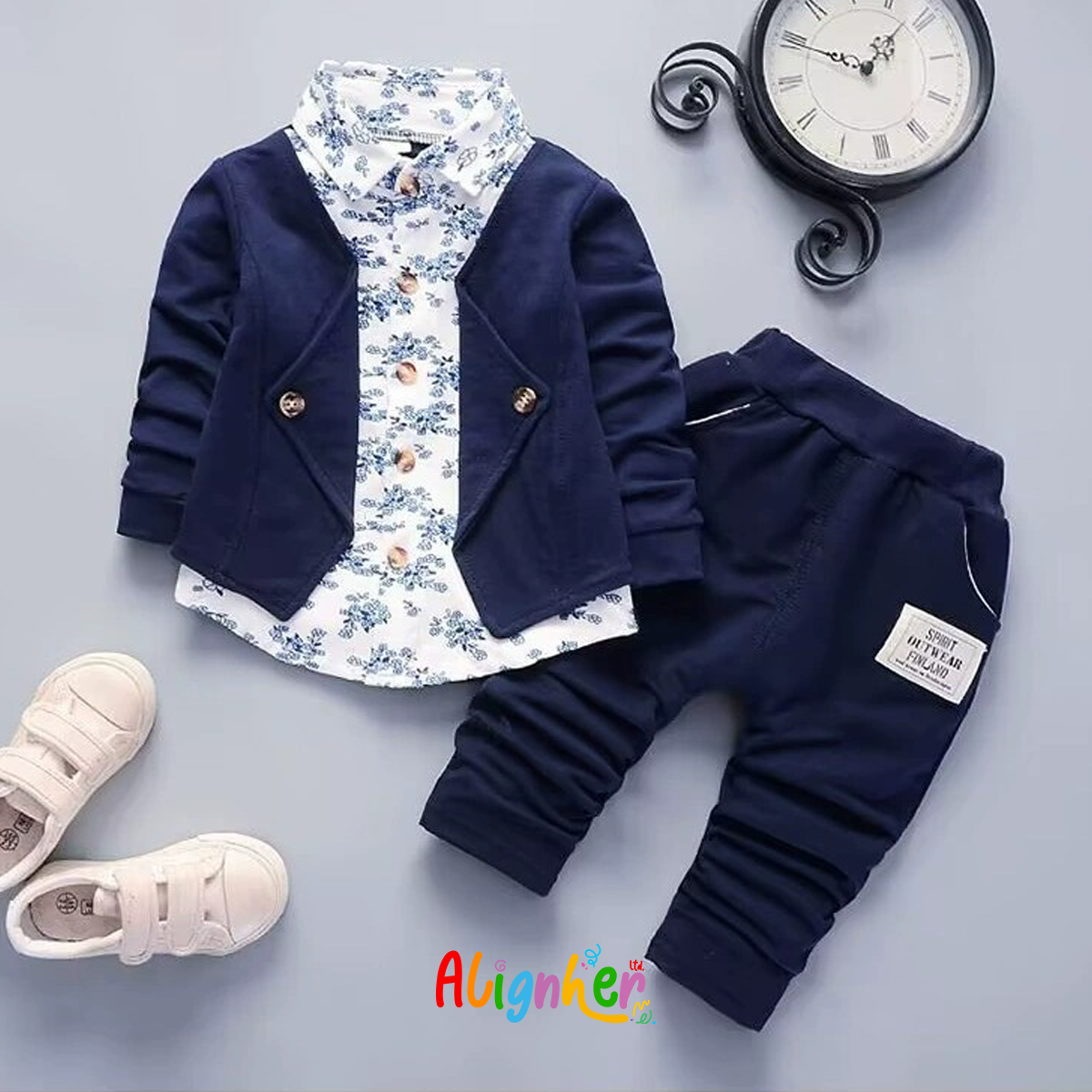Baby Boy and Girl Formal Outfit Set – Blazer, Floral Shirt, and Pants for Special Occasions