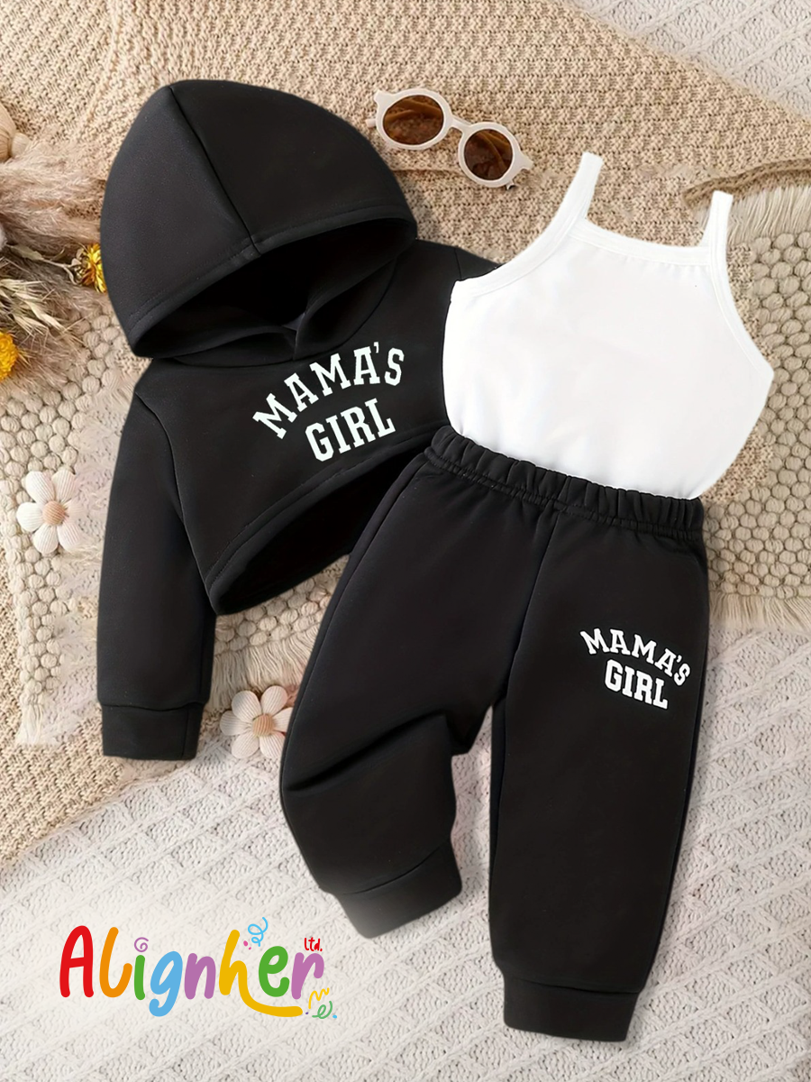 Baby Girl 3-Piece Outfit Set – “Mama’s Girl” Hoodie, Tank Top and Jogger Pants