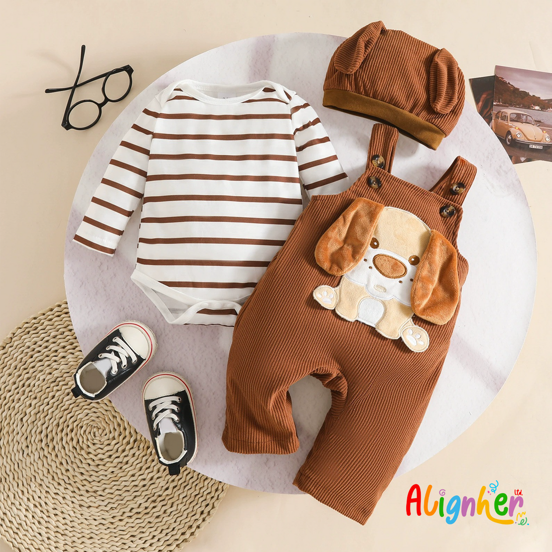 Baby Boy and Girl 3-Piece Outfit Set with Dog Overalls, Striped Bodysuit and Hat