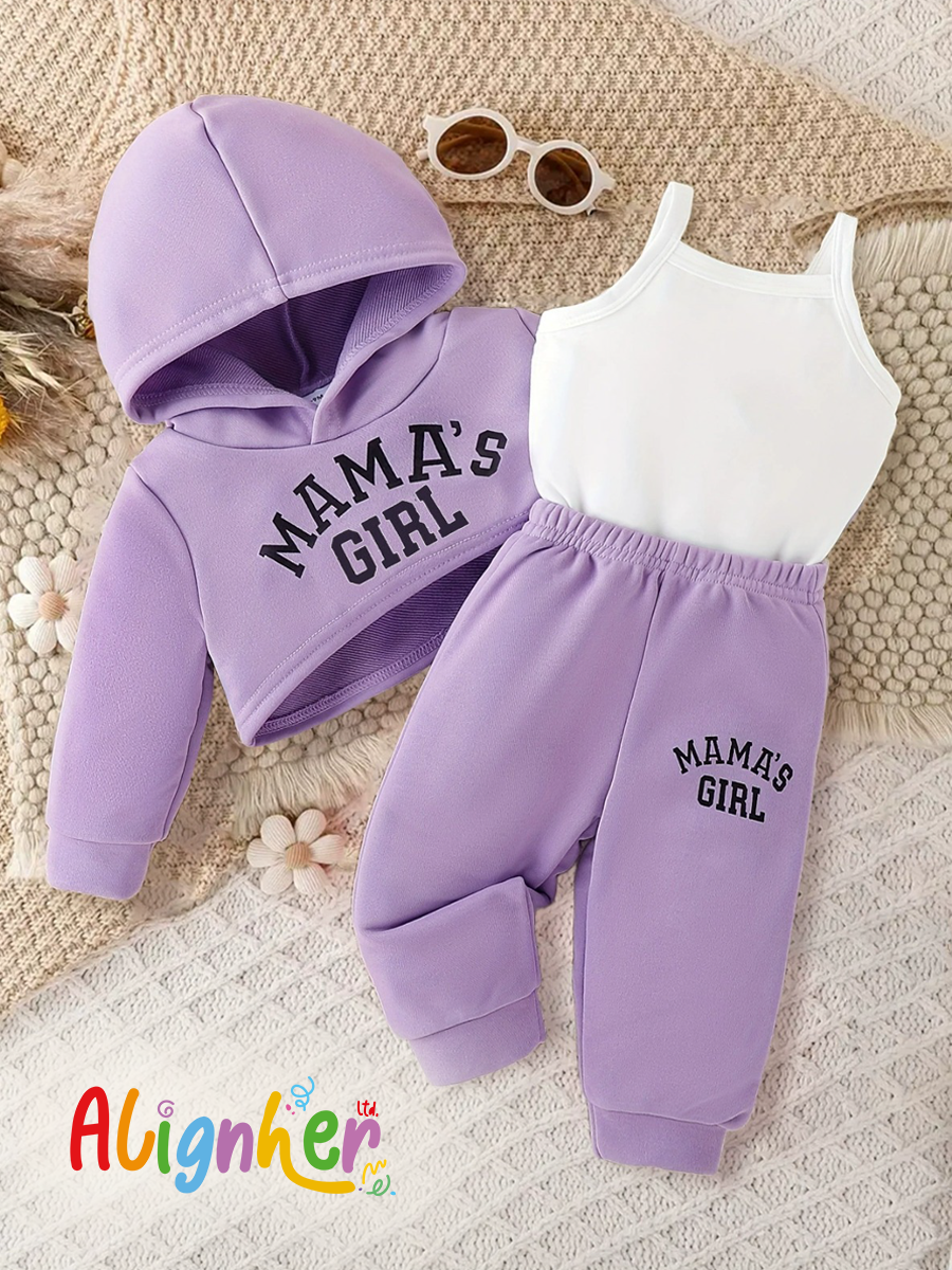 Baby Girl 3-Piece Outfit Set – “Mama’s Girl” Hoodie, Tank Top and Jogger Pants