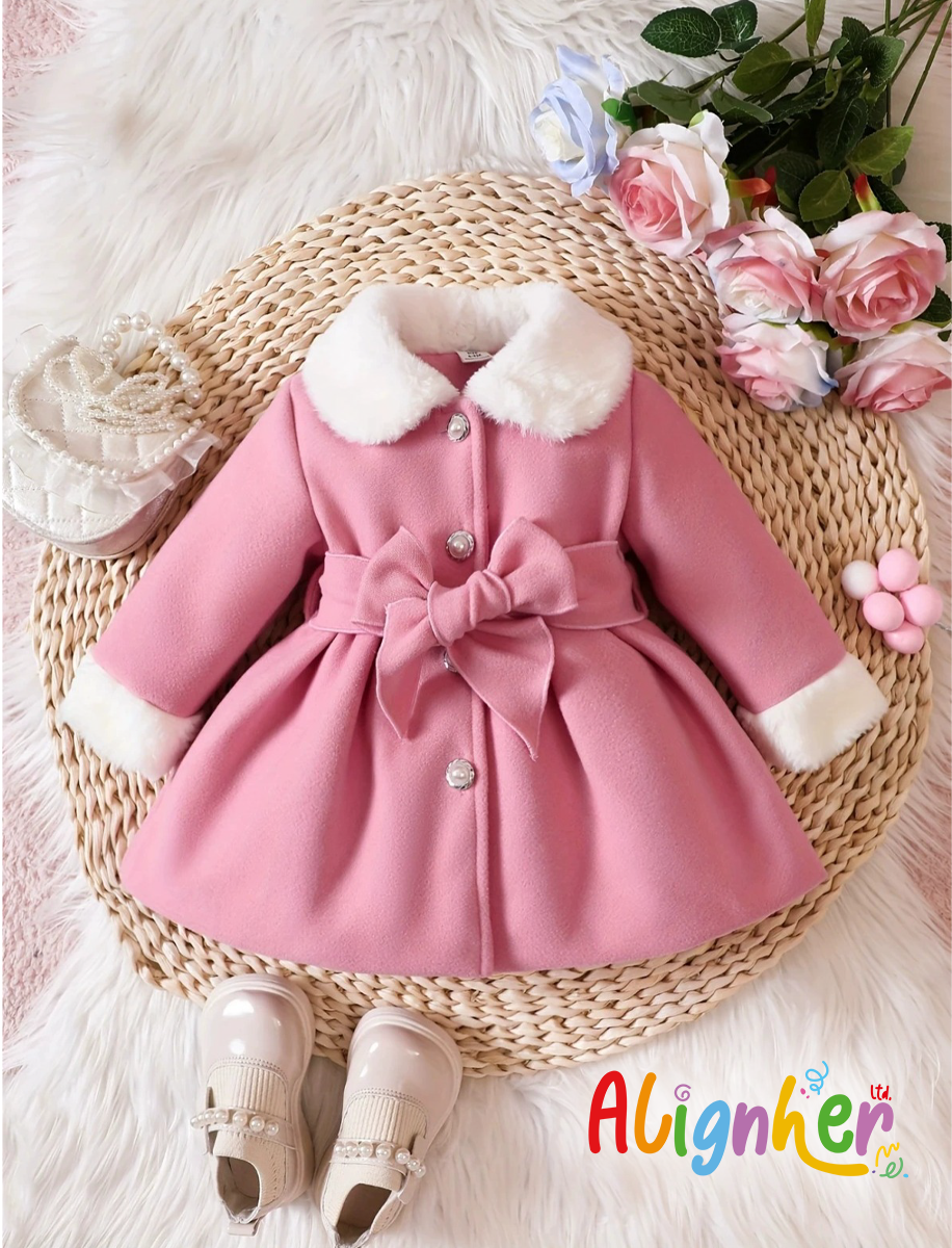 Baby Girl Winter Coat with Faux Fur Collar and Bow Belt – Warm Long Sleeve Jacket