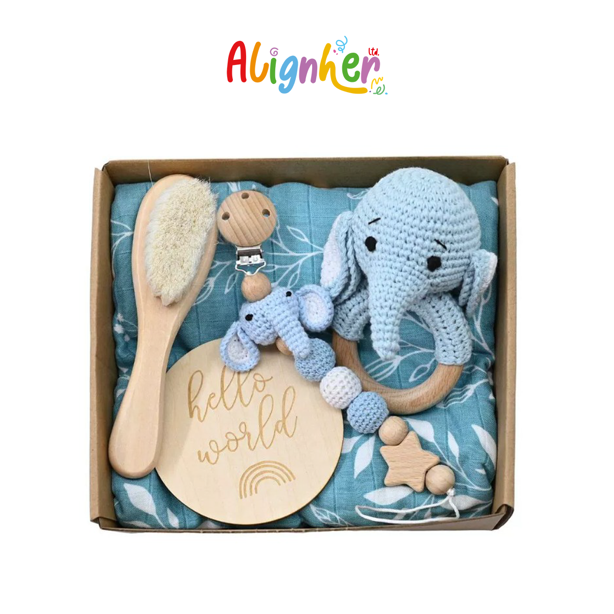 Newborn Baby Gift Set with Fox Rattle, Wooden Brush, Pacifier Clip, Swaddle Blanket,  and Keepsake Disc