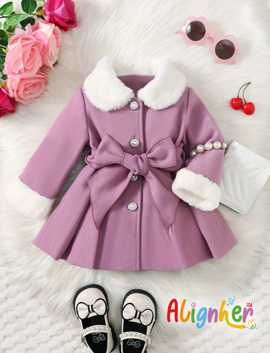 Baby Girl Winter Coat with Faux Fur Collar and Bow Belt – Warm Long Sleeve Jacket