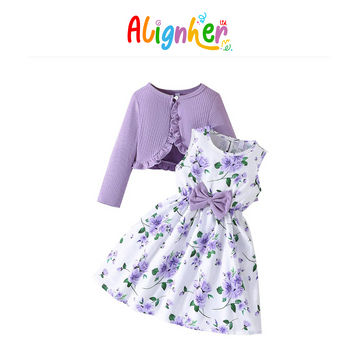 Girls Floral Party Dress with Matching Bolero Jacket – Sleeveless Bow Dress for  Special Occasions