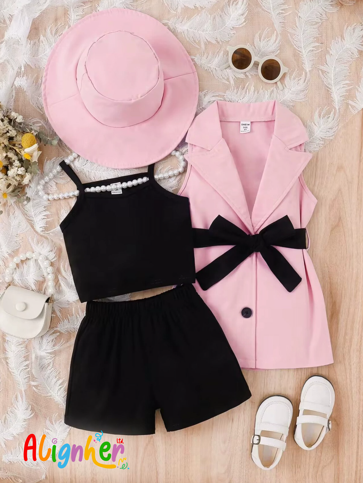 Girls 3-Piece Summer Outfit Set – Black Crop Top, Shorts, and Blue Sleeveless Vest  with Matching Hat