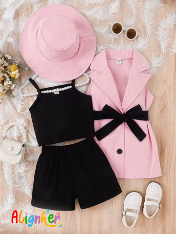 Girls 3-Piece Summer Outfit Set – Black Crop Top, Shorts, and Blue Sleeveless Vest  with Matching Hat