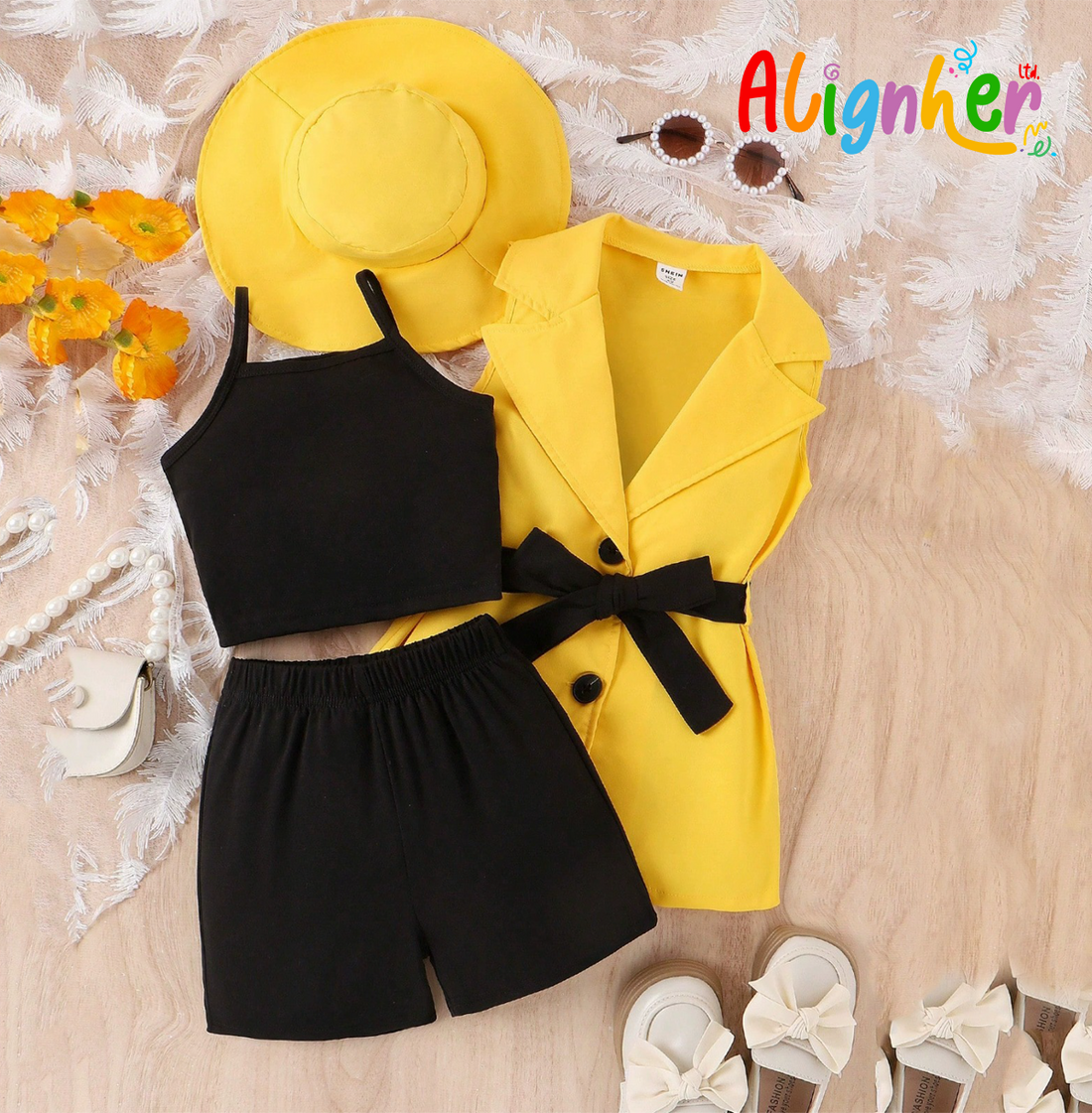 Girls 3-Piece Summer Outfit Set – Black Crop Top, Shorts, and Blue Sleeveless Vest  with Matching Hat