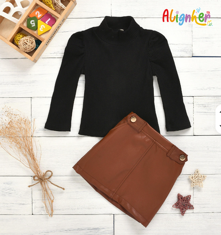 Girls 2-Piece Fall Outfit | Black Turtleneck Top and Brown Skirt Set